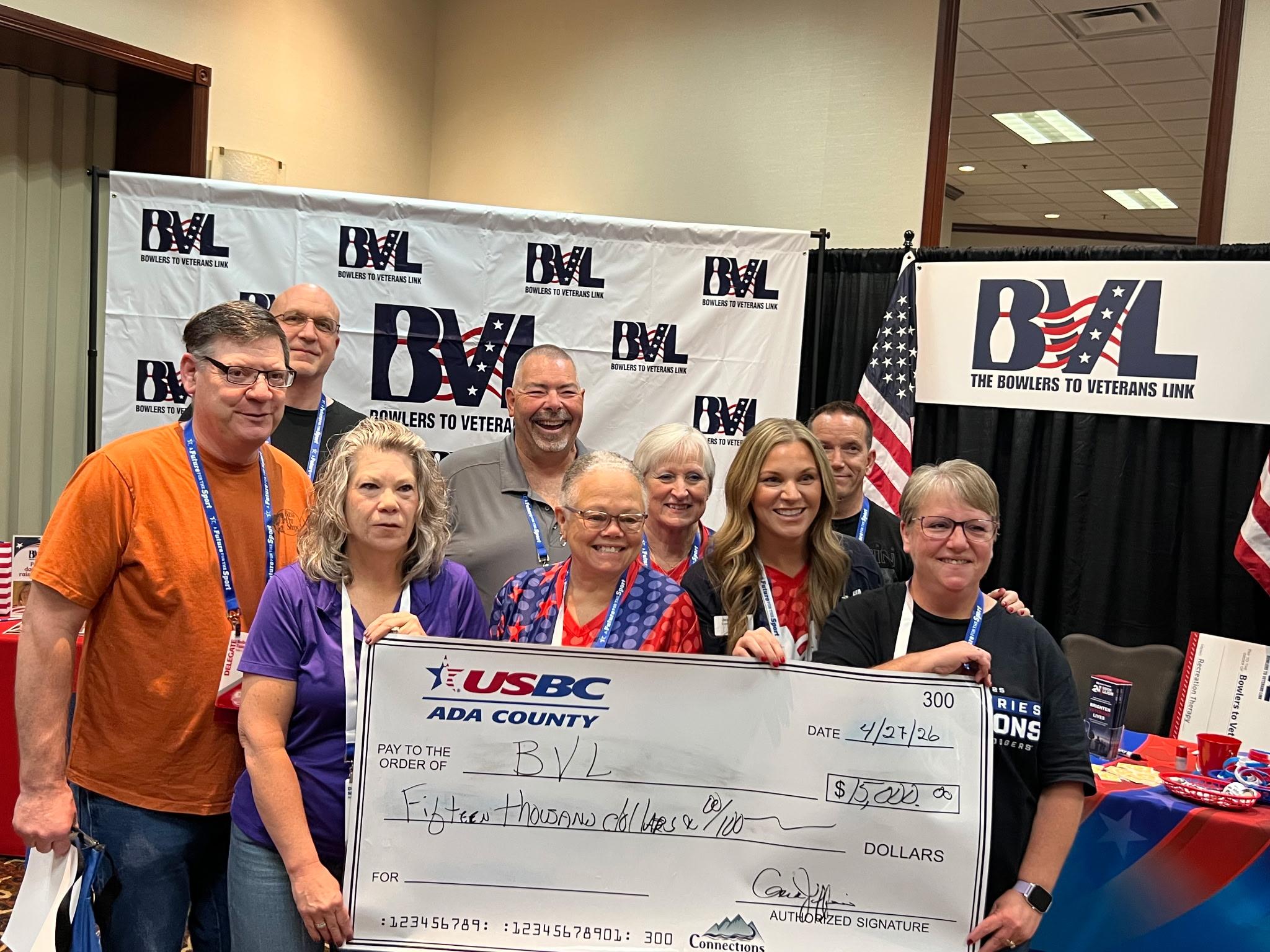 Ada County USBC presenting a $15,000 contribution to Bowlers to Veterans Link in 2026