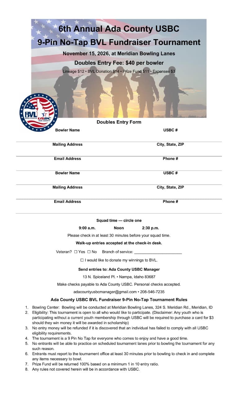 Doubles entry form for the November 15, 2026 BVL fundraiser. Open full-size form in a new tab.
