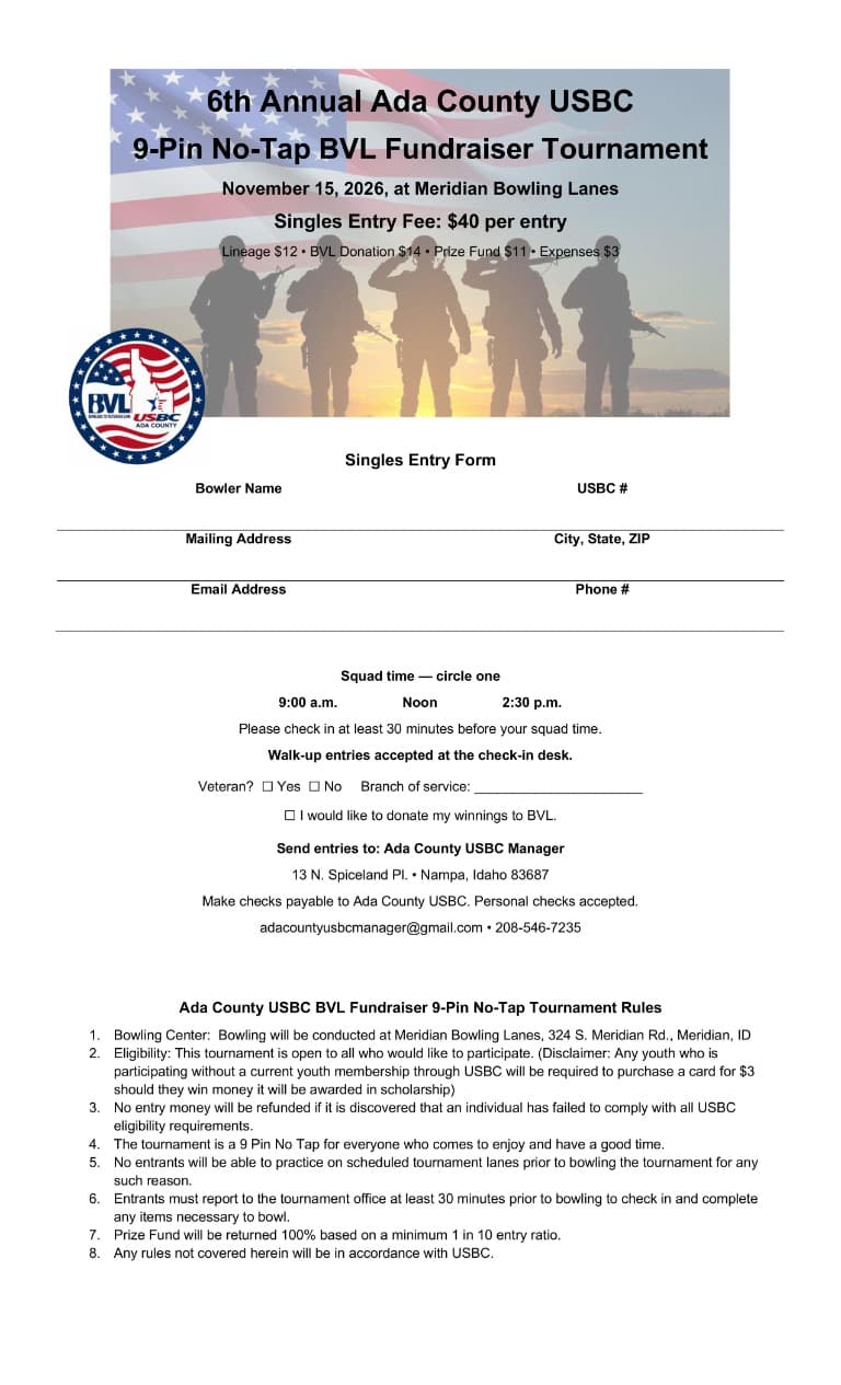 Singles entry form for the November 15, 2026 BVL fundraiser. Open full-size form in a new tab.